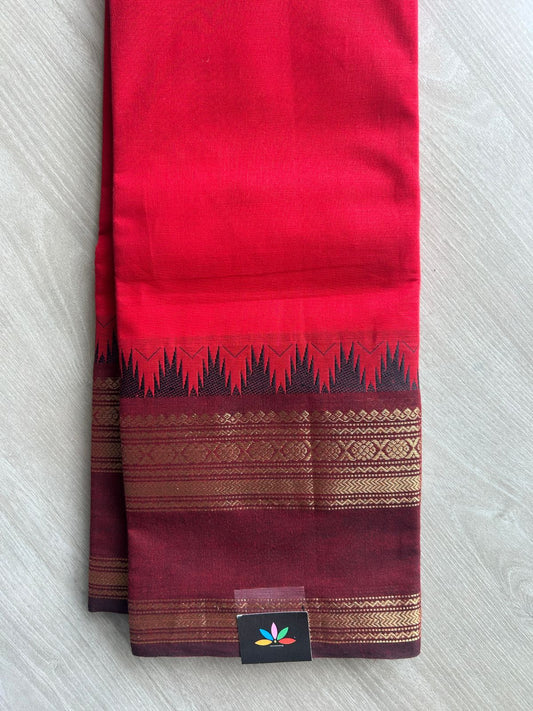 Crimson Red with Wine Maroon Contrast Zari Woven Border Chettinad Cotton Saree - 24734