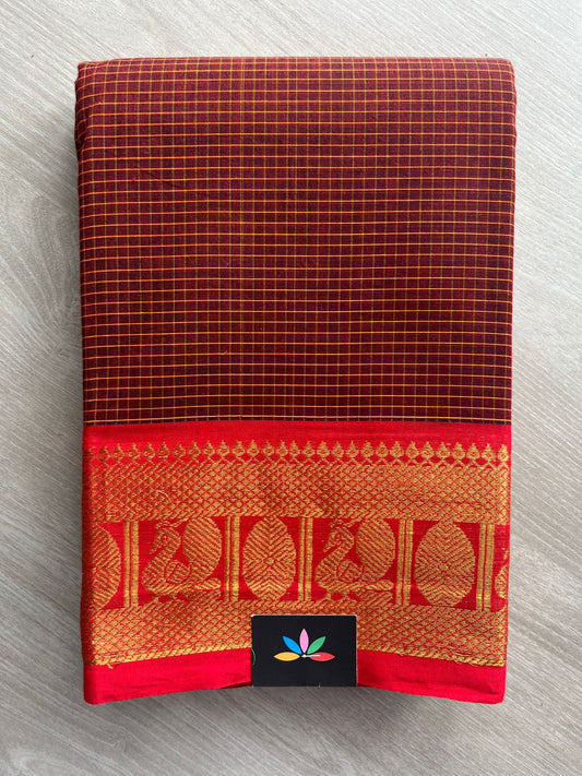 Deep Maroon with Rani Red Traditional Checked Chettinad Cotton Saree - 24911