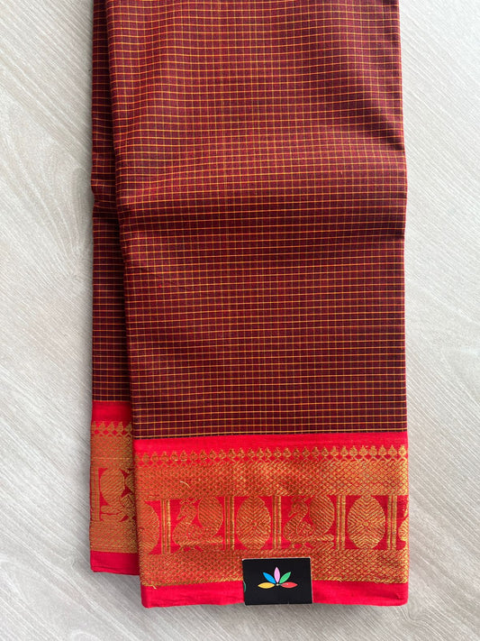 Deep Maroon with Rani Red Traditional Checked Chettinad Cotton Saree - 24911