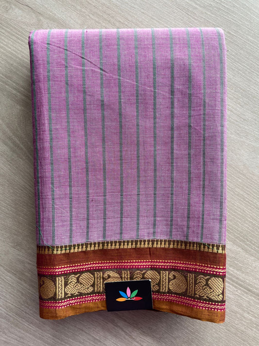 Light Lavender color with Brown Paisley and Annapakshi border Striped Cotton Saree- 25842