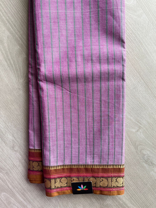 Light Lavender color with Brown Paisley and Annapakshi border Striped Cotton Saree- 25842