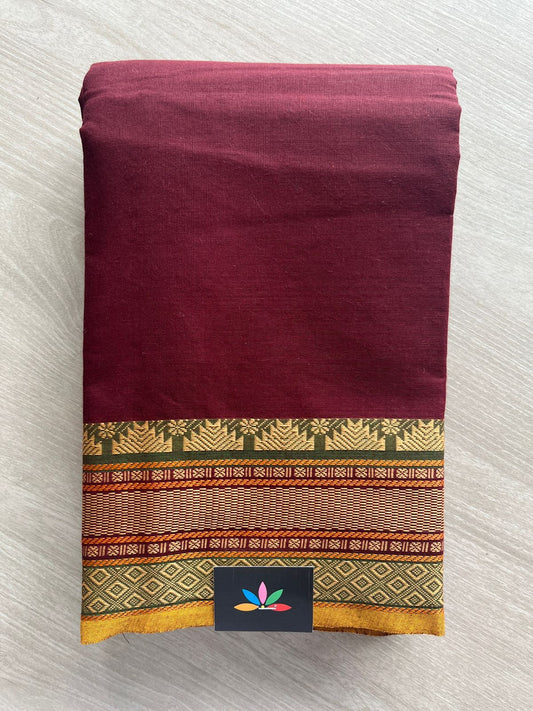 Burgundy color with Olive Green Thread Border Chettinad Cotton Saree (Without blouse) - 26878