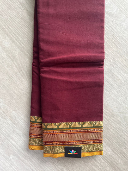 Burgundy color with Olive Green Thread Border Chettinad Cotton Saree (Without blouse) - 26878