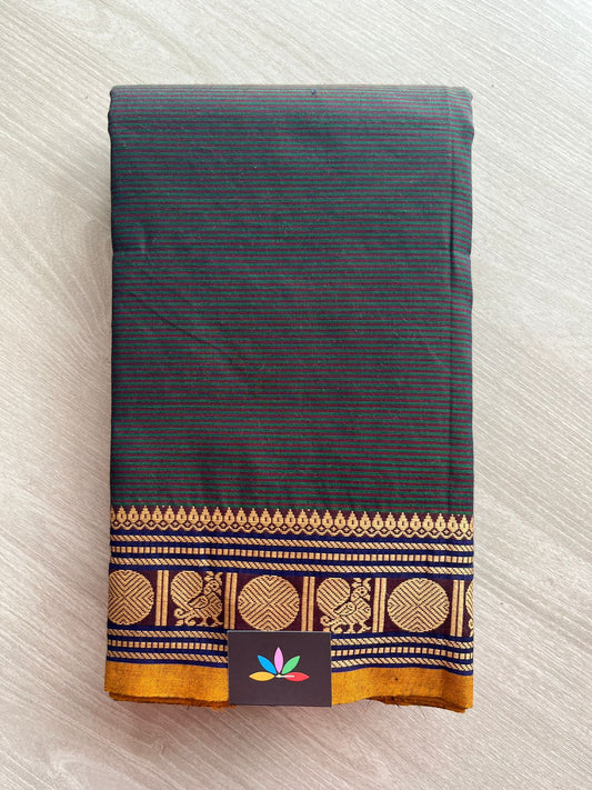 Striped Chettinad Cotton Saree with Thread Border (Without blouse) - 26888
