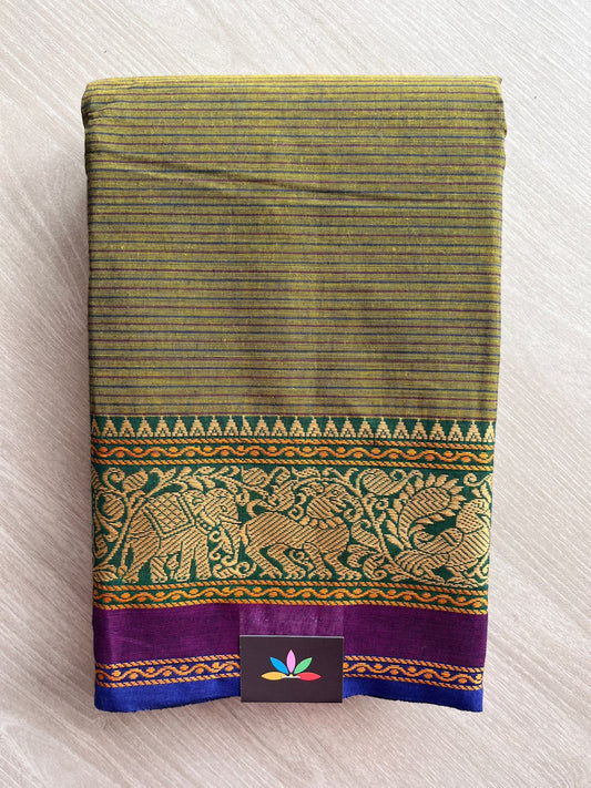 Striped Chettinad Cotton Saree with Thread Border (Without blouse) - 26917
