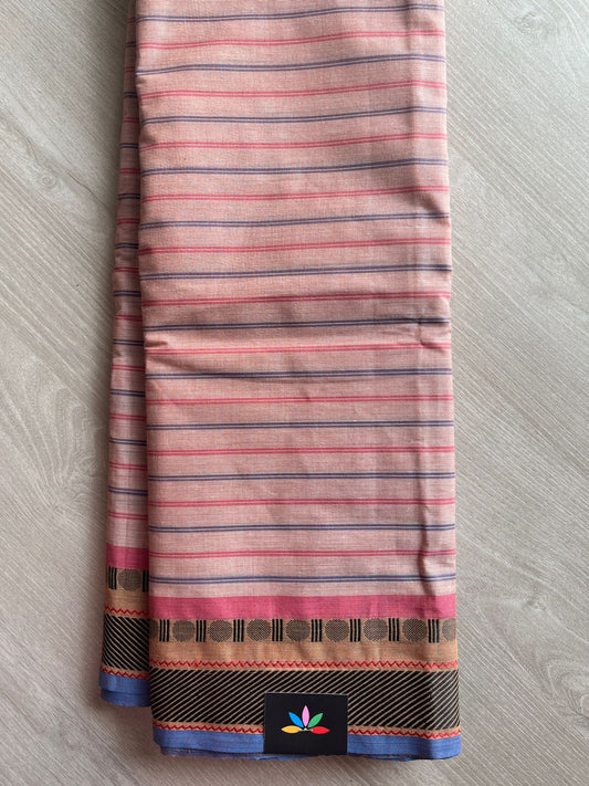 Striped Chettinad Cotton Saree with Thread Border (Without blouse) - 26890