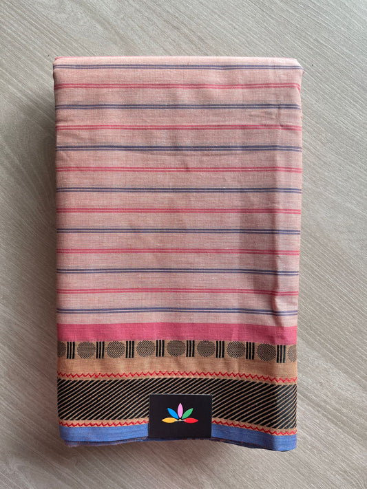 Striped Chettinad Cotton Saree with Thread Border (Without blouse) - 26890