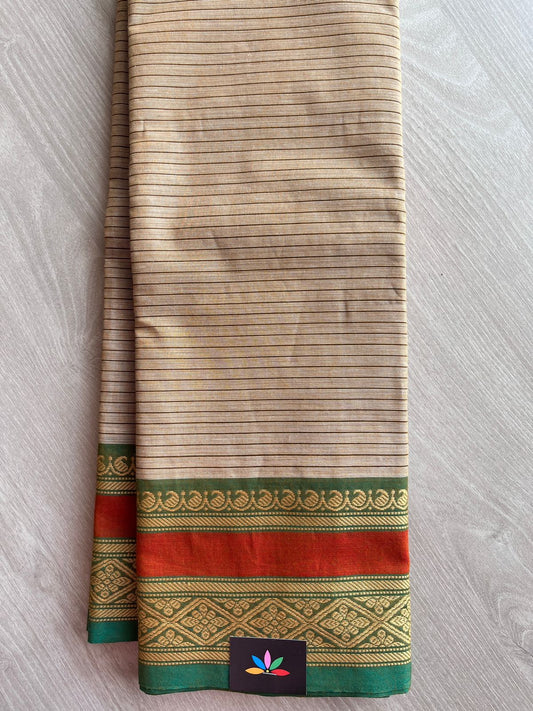 Striped Chettinad Cotton Saree with Thread Border (Without blouse) - 26892
