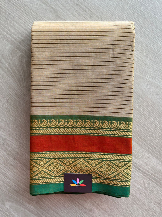 Striped Chettinad Cotton Saree with Thread Border (Without blouse) - 26892