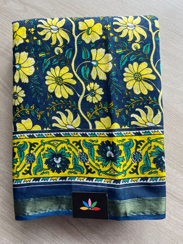 Indigo Dye Blue Screen Printed Chanderi Cotton Saree - 30363