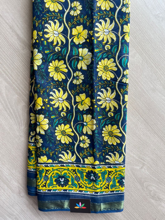Indigo Dye Blue Screen Printed Chanderi Cotton Saree - 30363