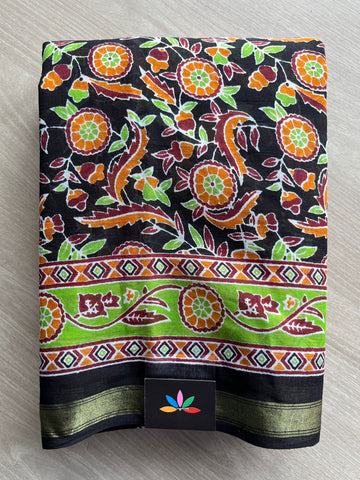 Black Screen Printed Chanderi Cotton Saree - 30365