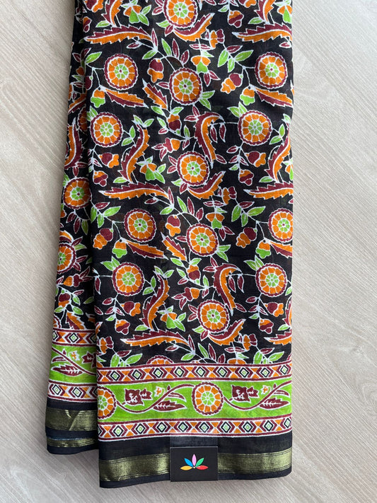 Black Screen Printed Chanderi Cotton Saree - 30365