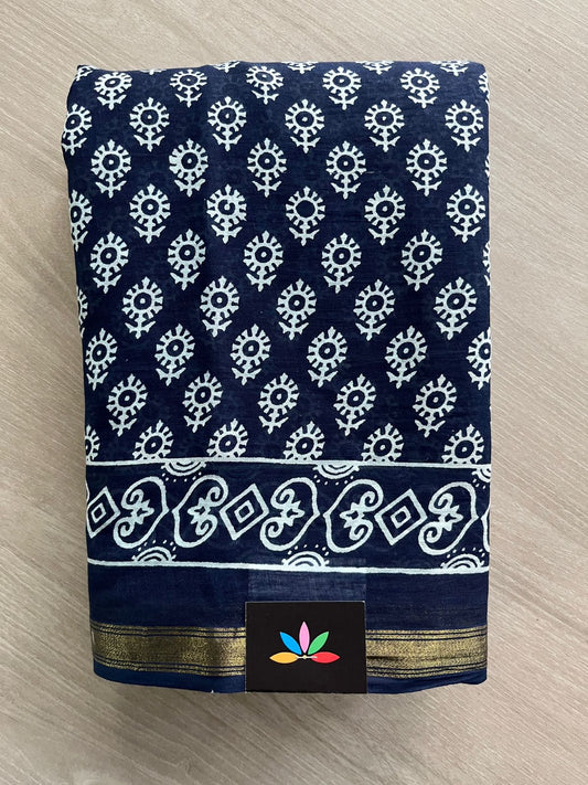 Blue Zodiac Screen Printed Chanderi Cotton Saree - 32431