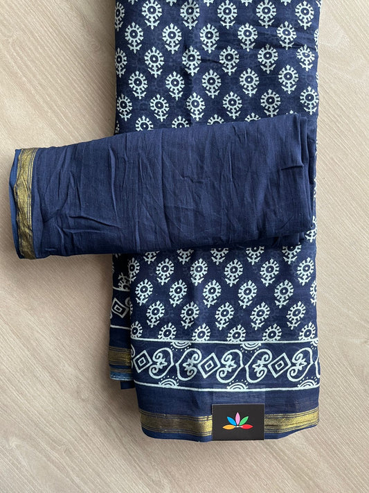 Blue Zodiac Screen Printed Chanderi Cotton Saree - 32431