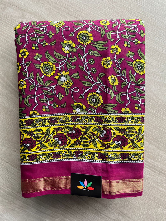 Dark Fuchsia Screen Printed Chanderi Cotton Saree - 32432