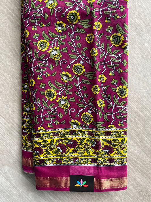 Dark Fuchsia Screen Printed Chanderi Cotton Saree - 32432