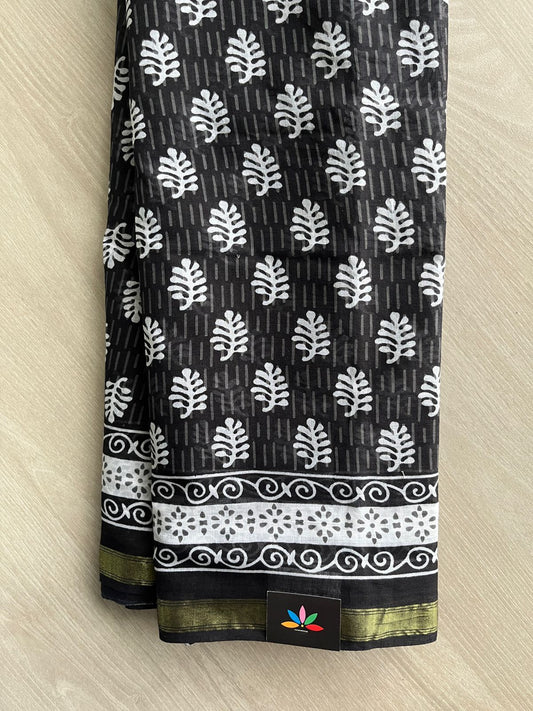Black Screen Printed Chanderi Cotton Saree - 32436