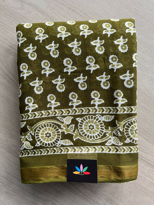 Dark Olive Shade Screen Printed Chanderi Cotton Saree - 32437