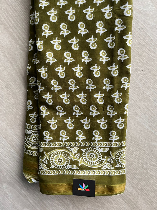 Dark Olive Shade Screen Printed Chanderi Cotton Saree - 32437