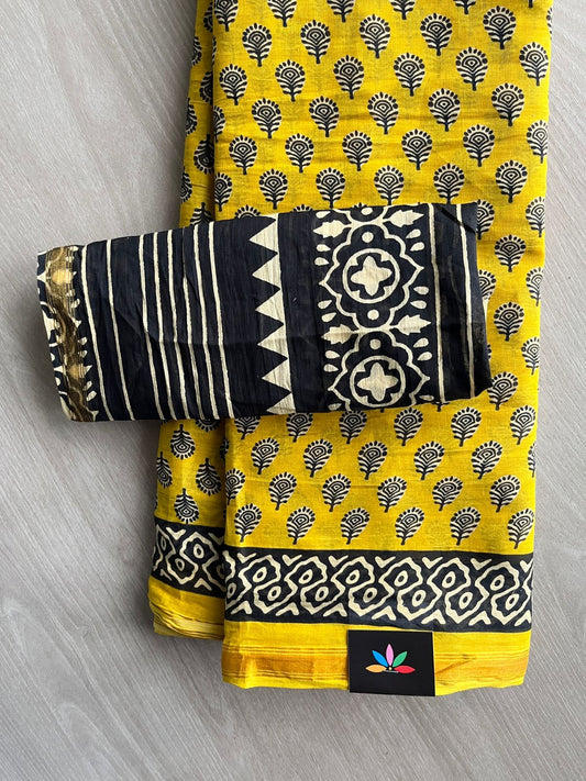 Bright Yellow Screen Printed Chanderi Cotton Saree - 32438
