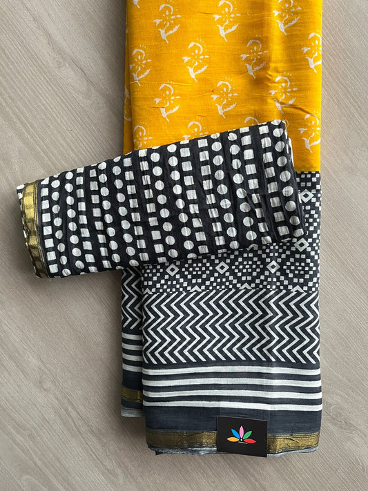 Black & Mustard Yellow Screen Printed Chanderi Cotton Saree - 32439