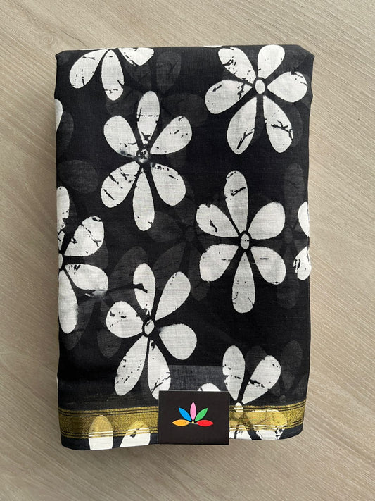 Black & Off-White Screen Printed Chanderi Cotton Saree - 32440