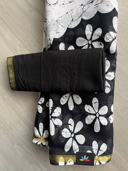 Black & Off-White Screen Printed Chanderi Cotton Saree - 32440