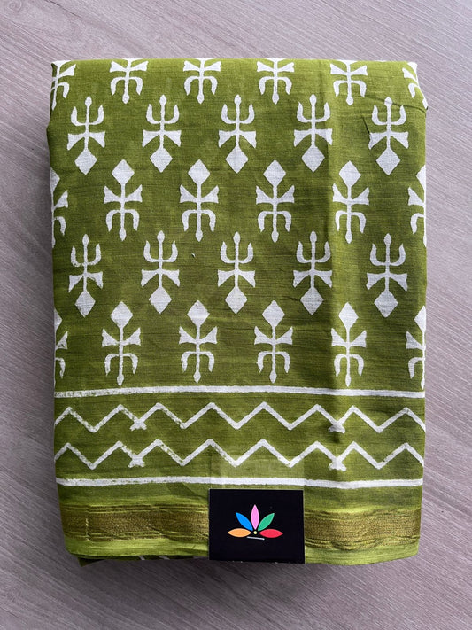 Olive Green Screen Printed Chanderi Cotton Saree - 32441