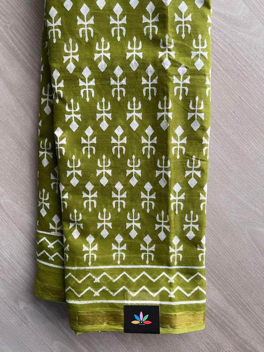 Olive Green Screen Printed Chanderi Cotton Saree - 32441