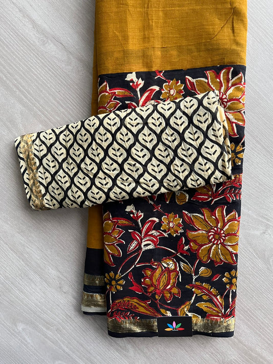 Black & Harvest Gold Screen Printed Chanderi Cotton Saree - 32446