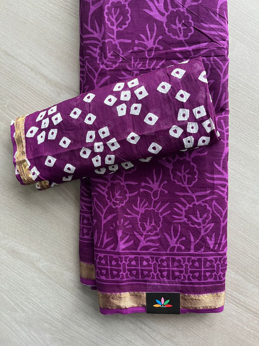 Bright Purple Screen Printed Chanderi Cotton Saree - 32448