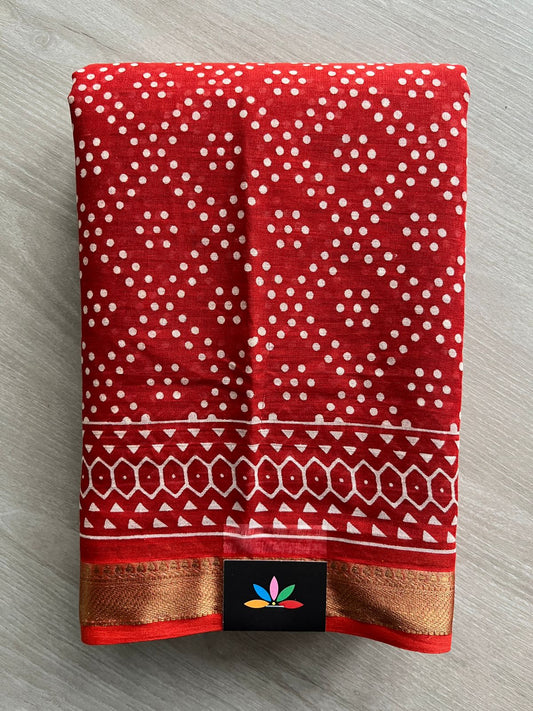 Dark Red Screen Printed Chanderi Cotton Saree - 32449