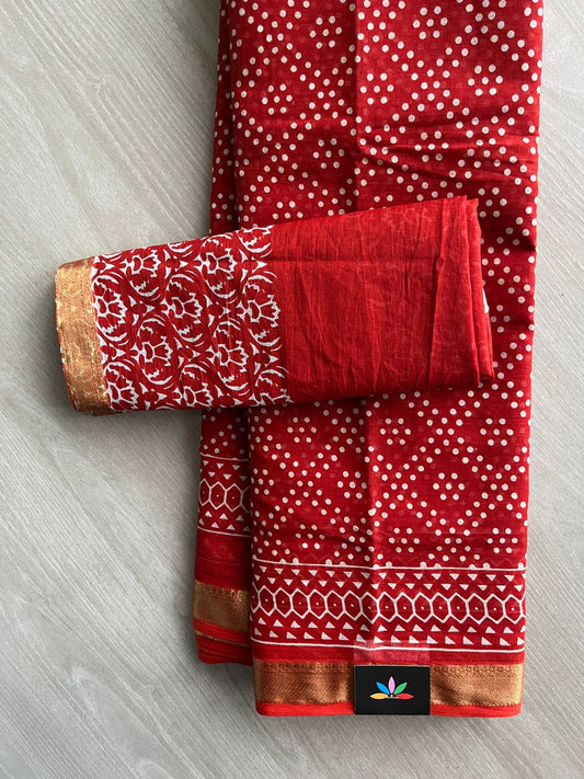 Dark Red Screen Printed Chanderi Cotton Saree - 32449