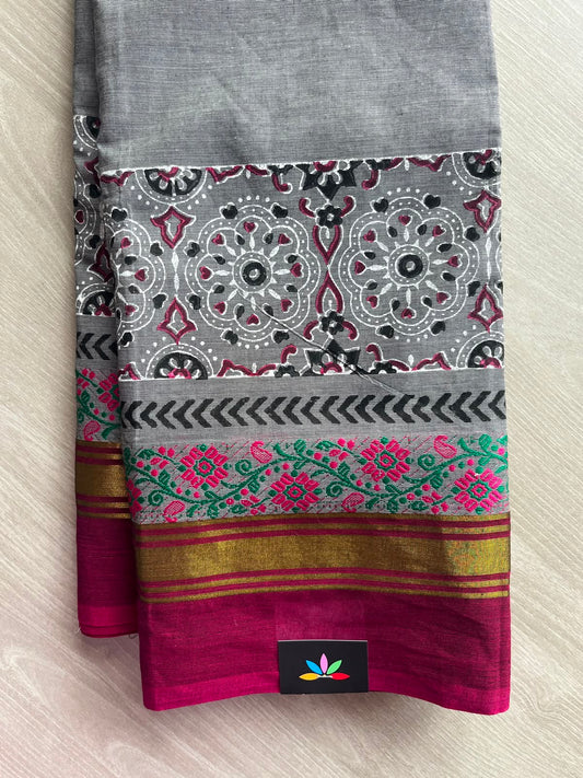 Ash Grey Handblock Printed Chettinad Cotton Saree - 34994