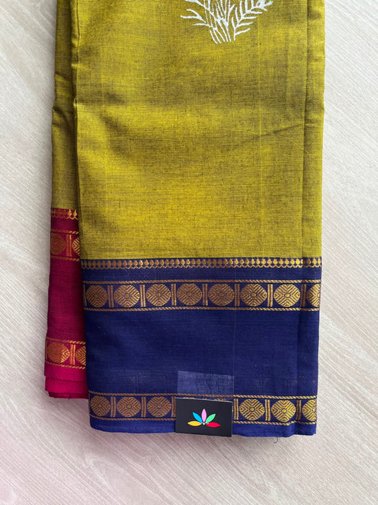 Olive Gold Handblock Printed Chettinad Cotton Saree - 34995