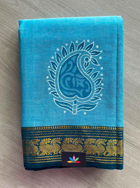 Pacific Blue Handblock Printed Chettinad Cotton Saree - 34996