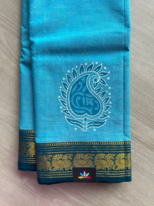 Pacific Blue Handblock Printed Chettinad Cotton Saree - 34996