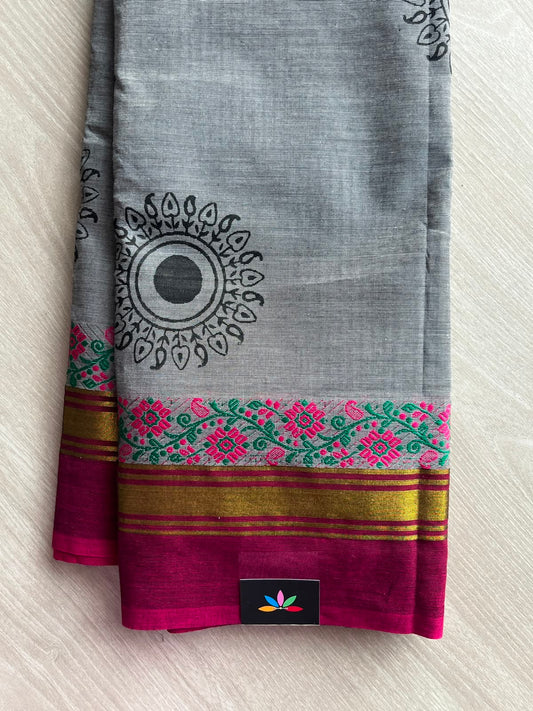 Pencil Grey Handblock Printed Chettinad Cotton Saree - 34997