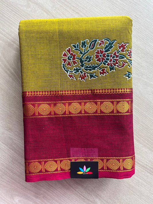 Mustard Gold Handblock Printed Chettinad Cotton Saree - 35001