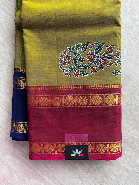 Mustard Gold Handblock Printed Chettinad Cotton Saree - 35001