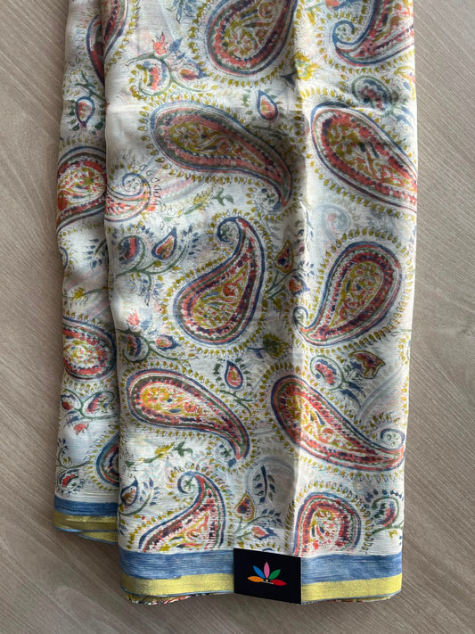 White Hand Block Printed Pure Chiffon Silk Saree- 33324