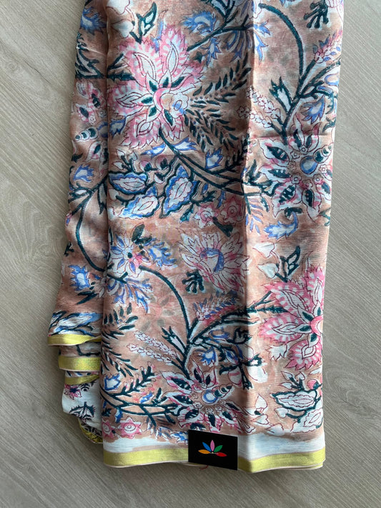 Hand Block Printed Pure Chiffon Silk Saree- 33325