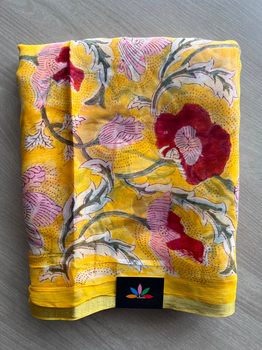 Mustard Yellow Hand Block Printed Pure Chiffon Silk Saree- 33327