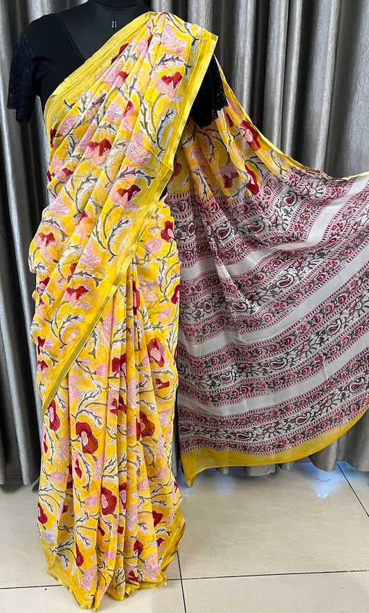Mustard Yellow Hand Block Printed Pure Chiffon Silk Saree- 33327