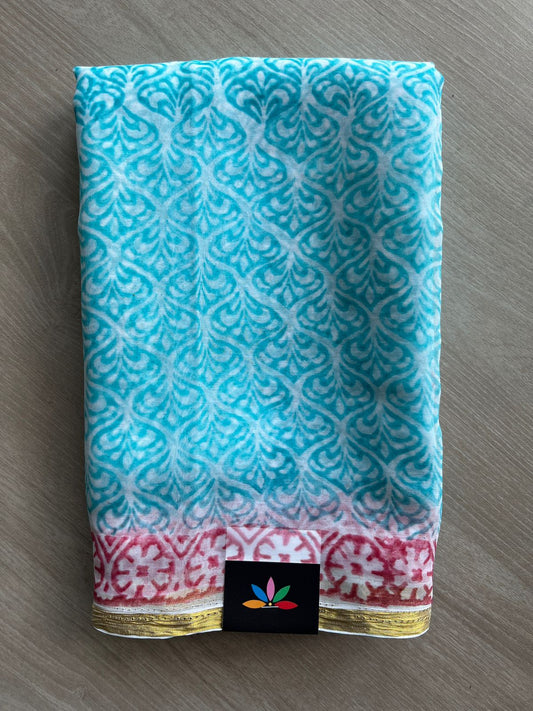 Handblock Printed Chiffon Saree (Without Blouse) - 32478