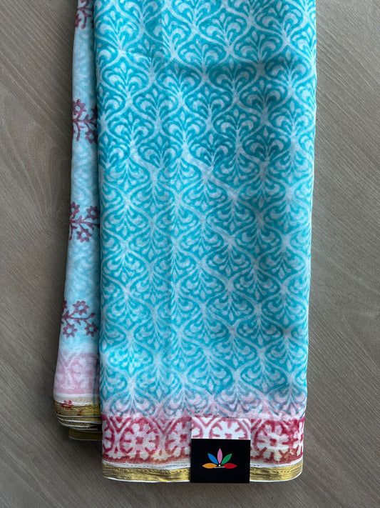 Handblock Printed Chiffon Saree (Without Blouse) - 32478