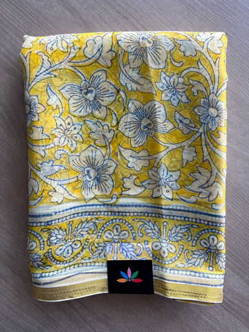 Bright Yellow Handblock Printed Chiffon Saree - 32482