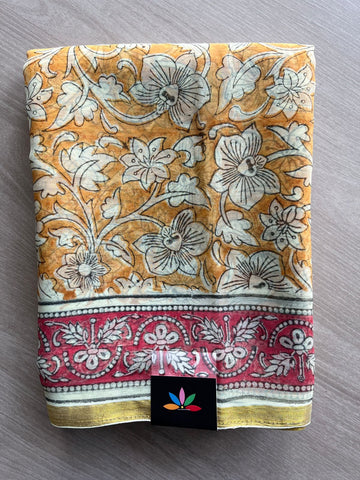 Light Mustard Shade Handblock Printed Chiffon Saree - 32484