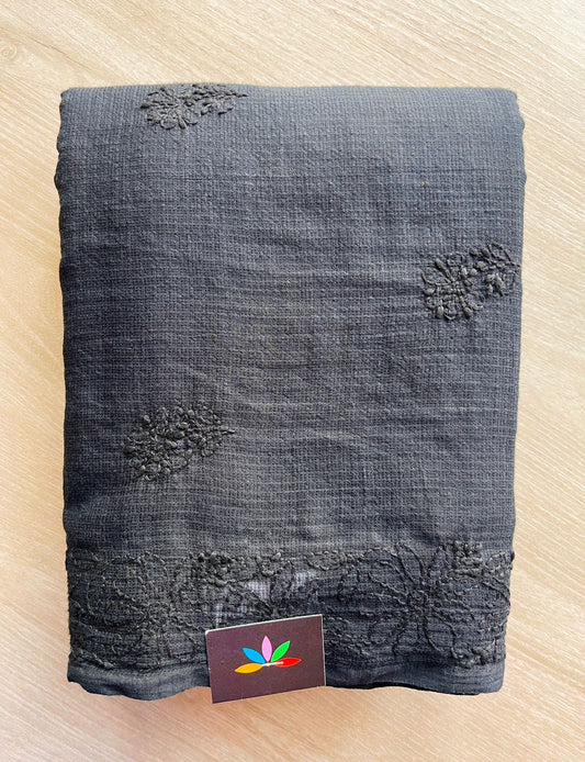 Black Hand embroidered Chikankari Kota Cotton Saree - 25453-25454